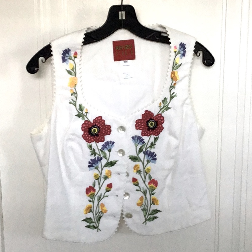 Kenzo Studio White Linen Vest with Embroidered Flowers, Size 10